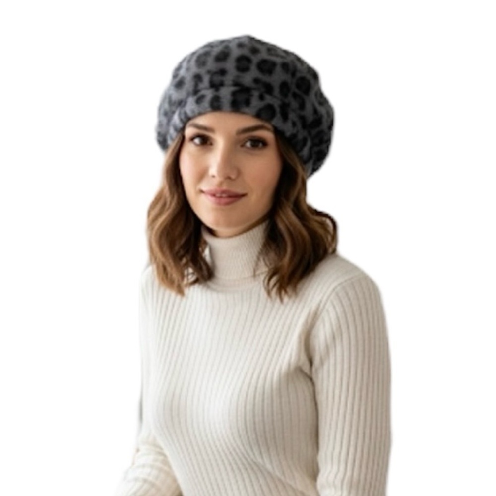 Parkhurst Angora rabbit blend grey black leopard print beret tam winter hat